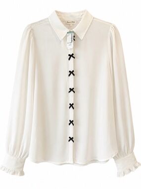 Anna & Amber Cream Bow-Accent Button-Down Blouse